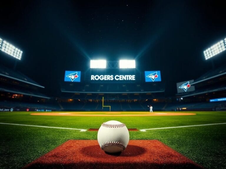 Flick International Dramatic nighttime scene at the Rogers Centre, highlighting the illuminated stadium and freshly groomed baseball diamond.