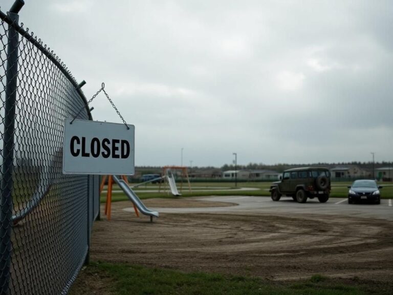 Flick International Closed military base with an empty playground and a 'Closed' sign