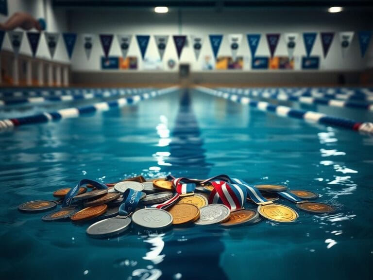 Flick International A serene swimming pool with blurred lanes and medals submerged in water, symbolizing lost opportunities in competitive swimming.