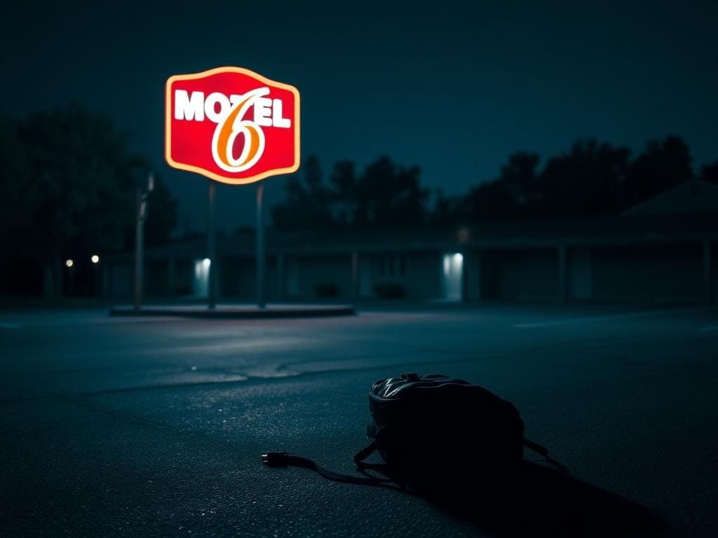 Flick International Dark exterior of a Motel 6 at night with a flickering neon sign