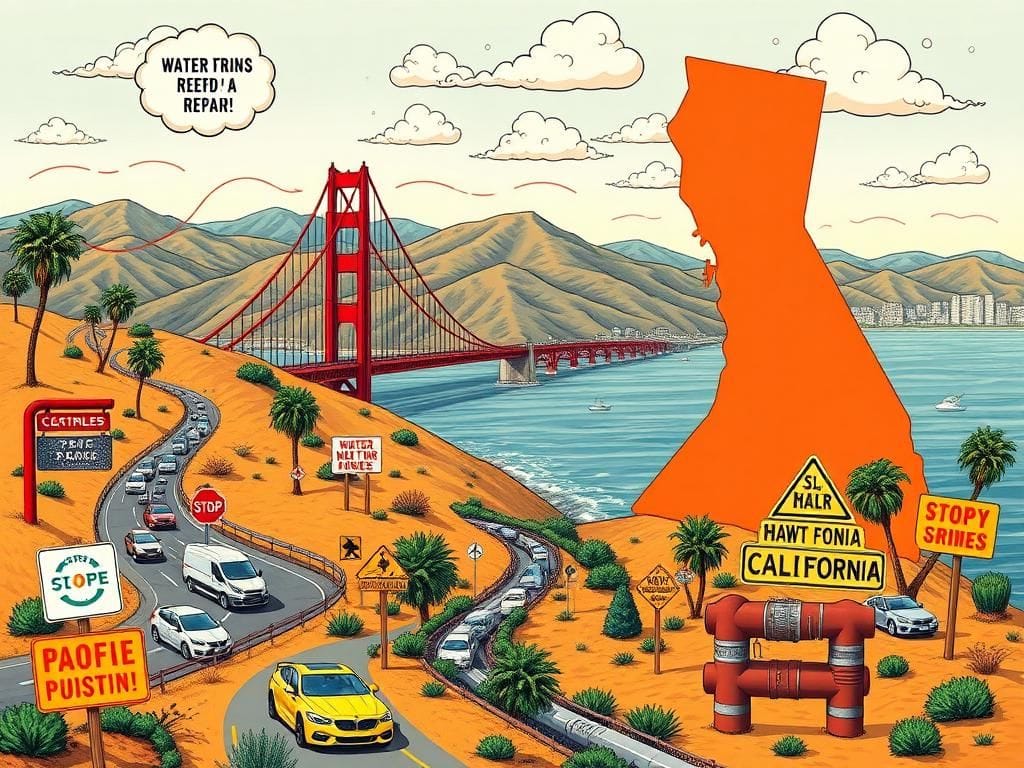 Flick International A satirical illustration of California's iconic Golden Gate Bridge with whimsical elements and humorous signs reflecting societal issues.