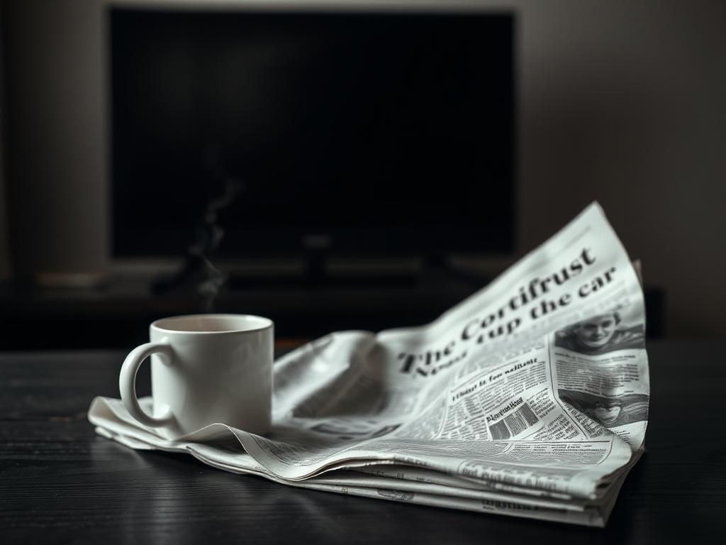 Flick International Close-up of a crumpled newspaper and steaming coffee mug symbolizing distrust in media