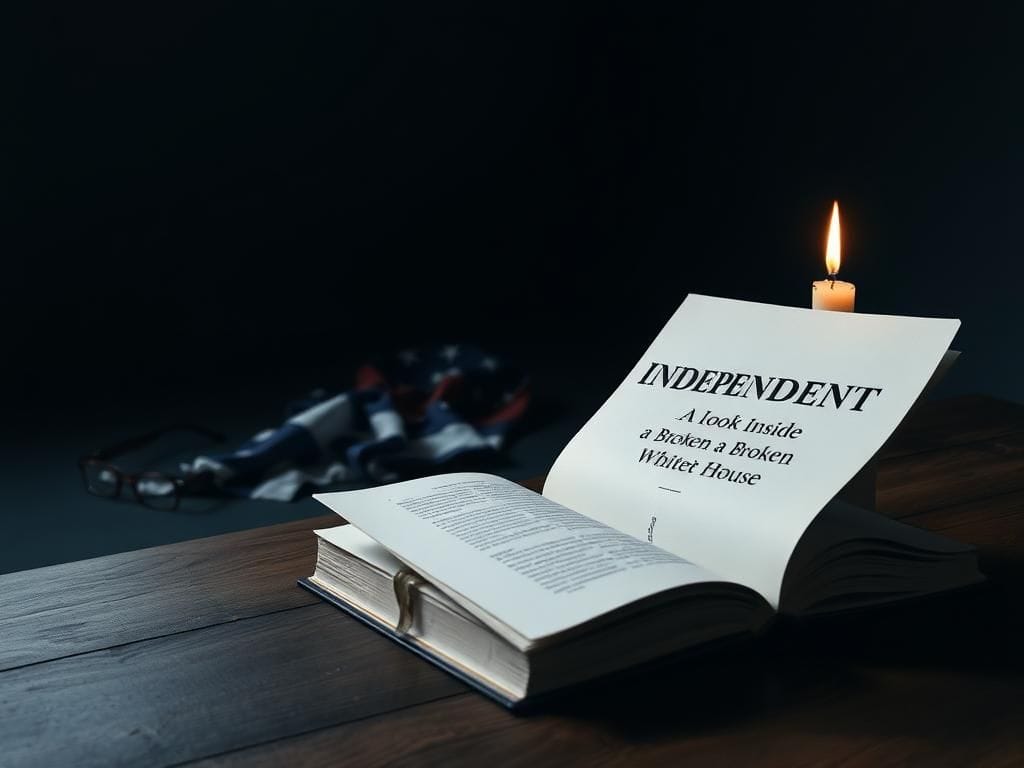 Flick International An open book on a wooden table in a dimly lit room, symbolizing political critique