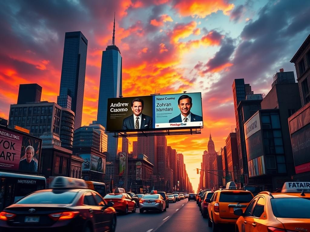 Flick International A vibrant sunset over New York City showcasing campaign advertisements for Andrew Cuomo and Zohran Mamdani.