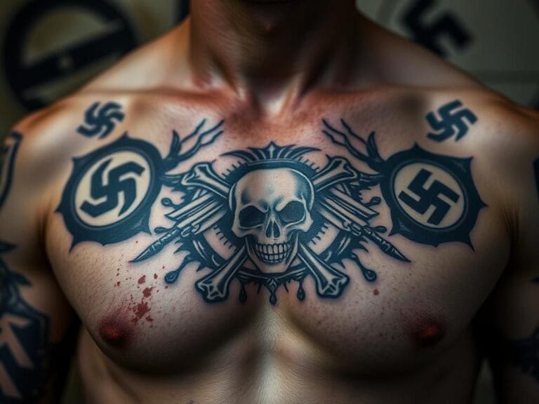 Flick International Close-up of a tattooed chest featuring a skull-and-crossbones design reminiscent of the Totenkopf emblem.