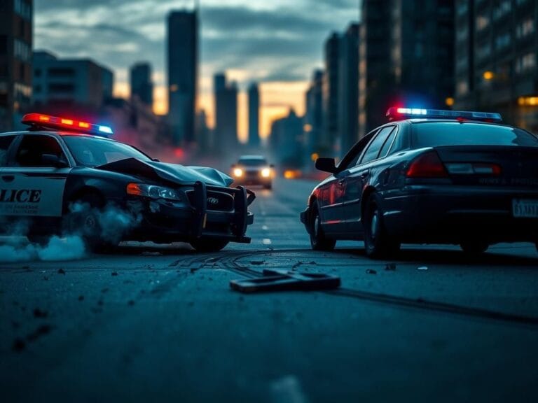 Flick International Damaged police vehicles at the scene of a confrontation in an urban environment