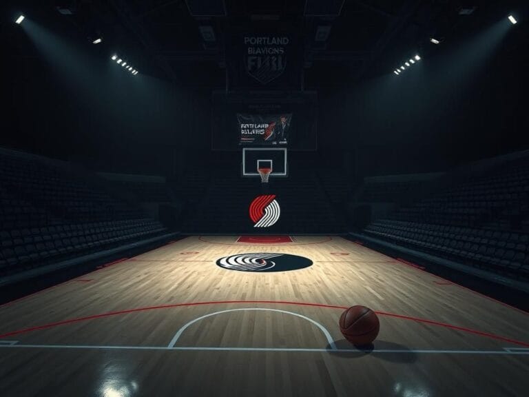 Flick International A dimly lit basketball arena representing the Portland Trail Blazers with empty bleachers and abandoned basketball