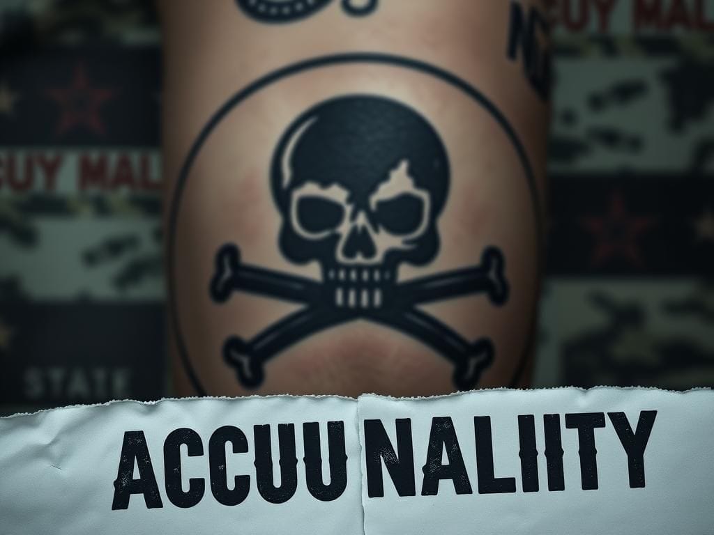 Flick International Dark tattoo design featuring skulls and crossbones reminiscent of Nazi insignia