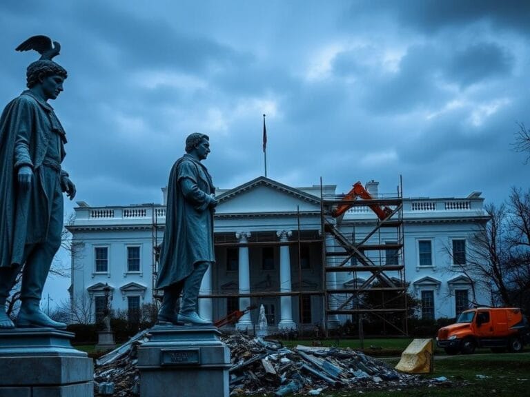 Flick International Dramatic view of the White House East Wing under renovation with construction equipment and scaffolding