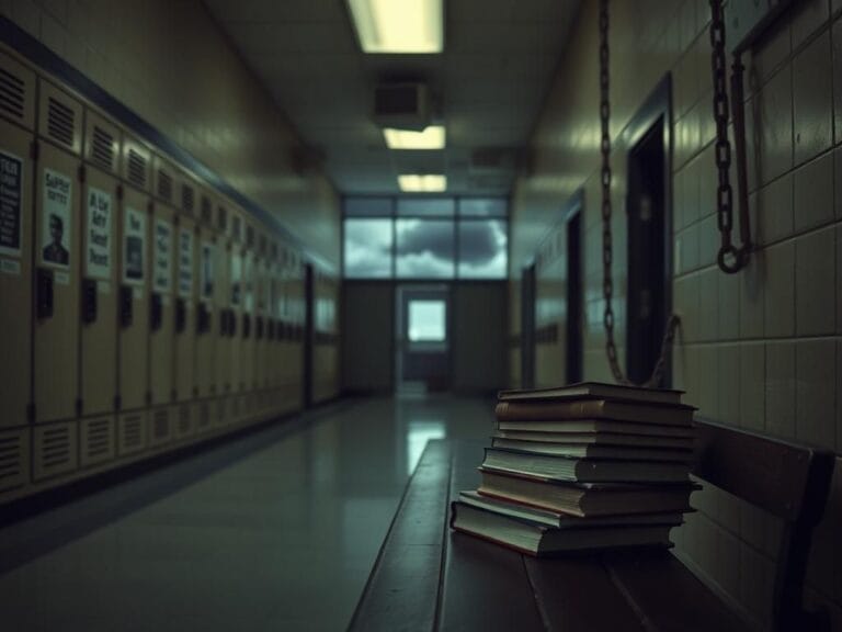 Flick International A somber high school hallway with worn lockers and abandoned textbooks symbolizing trauma