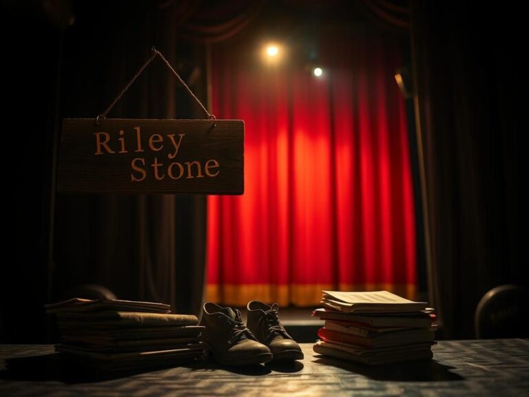 Flick International Backstage theater scene with rustic sign reading 'Riley Stone'