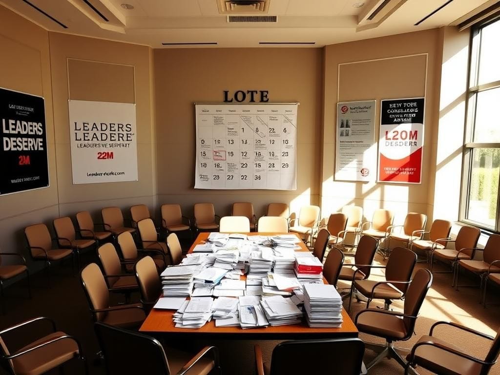 Flick International Large, empty conference room symbolizing a political gathering for David Hogg’s PAC