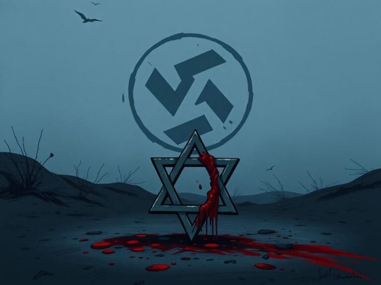 Flick International Illustration of a bloodied Star of David with a Nazi SS symbol in the background