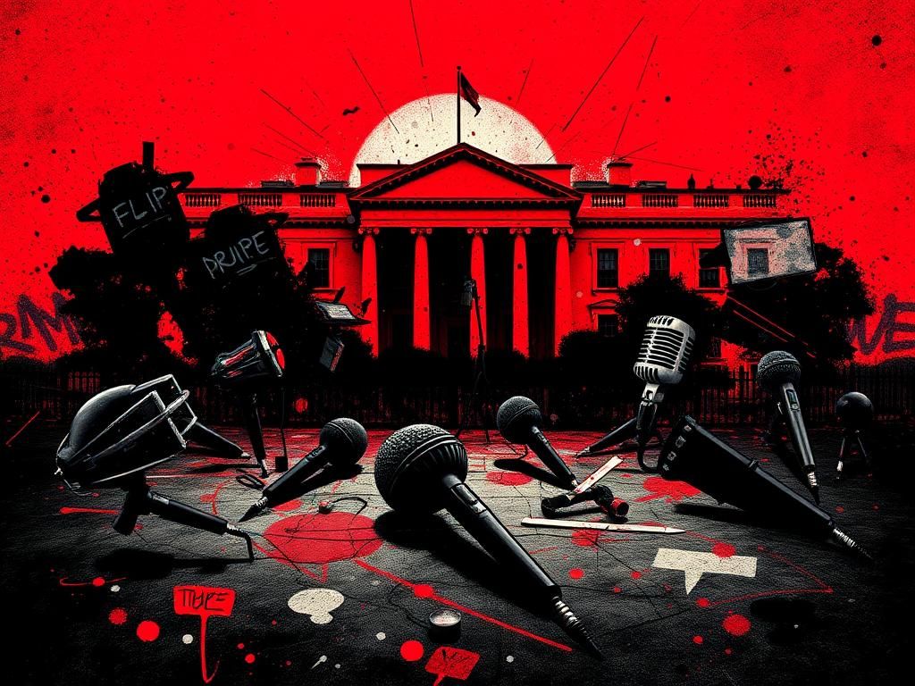 Flick International Abstract political landscape featuring a stylized White House silhouette with chaotic graffiti and vintage microphones, symbolizing divisive rhetoric.