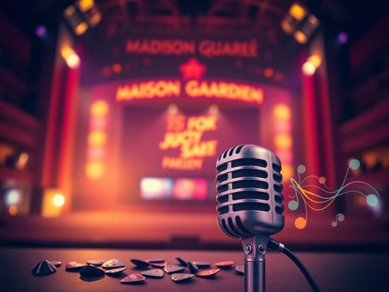 Flick International Close-up of a vintage microphone on a stage with soft warm lighting