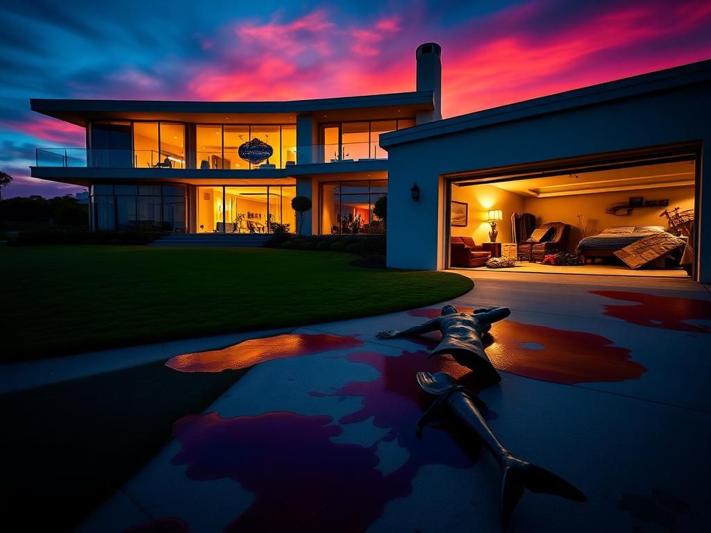 Flick International Luxurious coastal mansion in Newport Beach with dark stains of paint suggesting violence