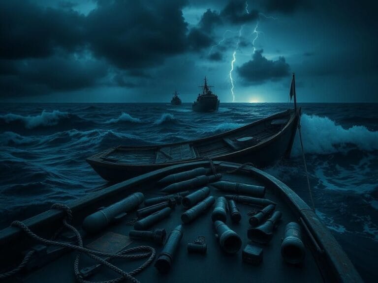 Flick International Dark ocean scene at dusk with a dilapidated vessel symbolizing a treacherous smuggling mission