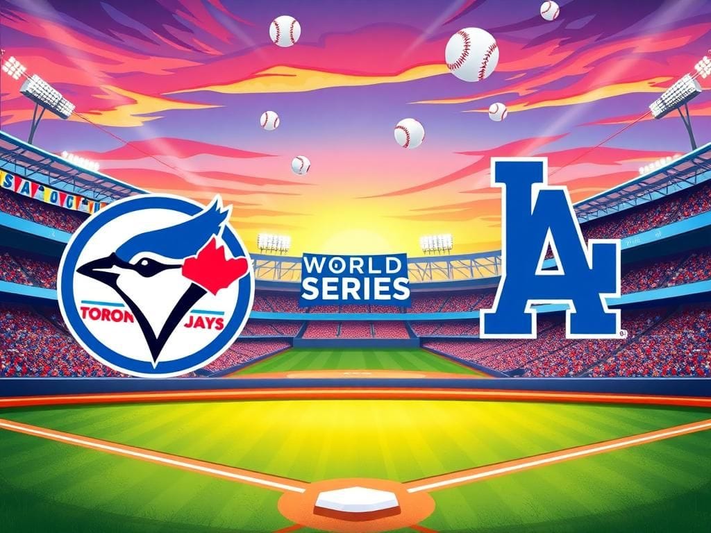 Flick International Illustration depicting the Toronto Blue Jays and Los Angeles Dodgers logos in a vibrant baseball stadium scene.