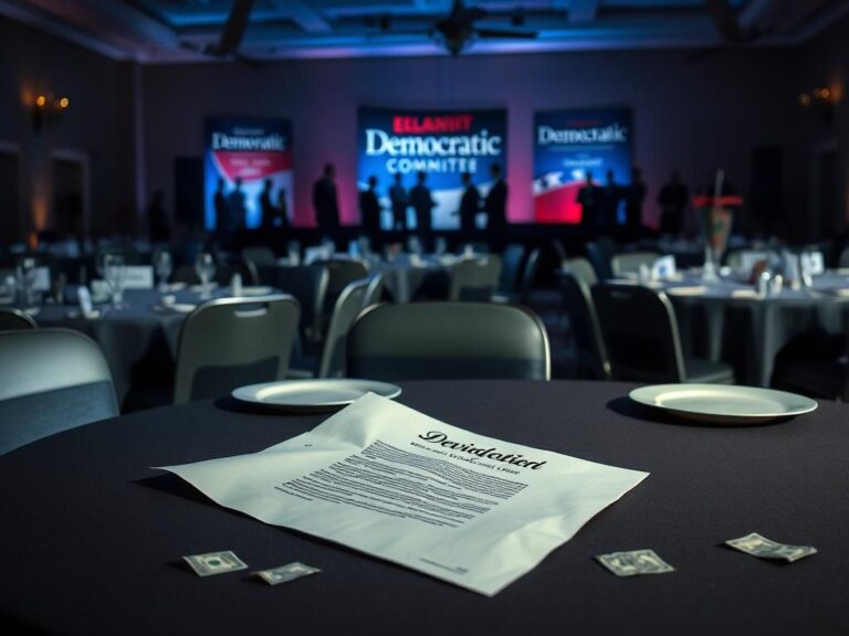 Flick International A dimly lit fundraising event space with unused name tags and untouched plates, symbolizing donor absence
