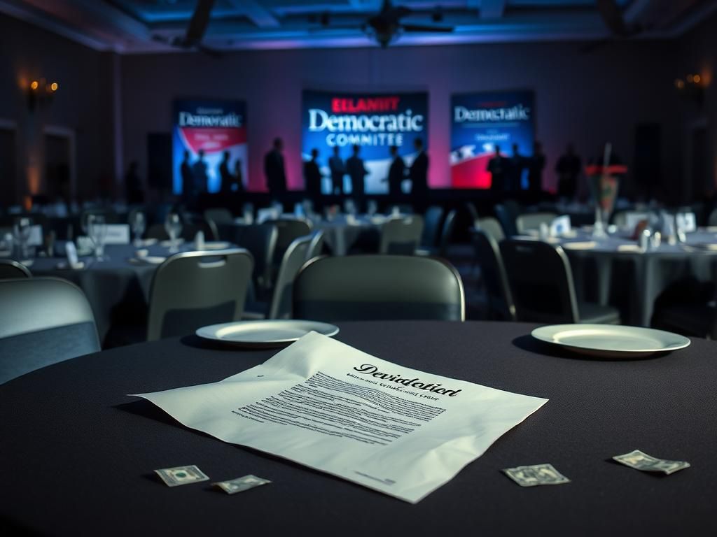 Flick International A dimly lit fundraising event space with unused name tags and untouched plates, symbolizing donor absence