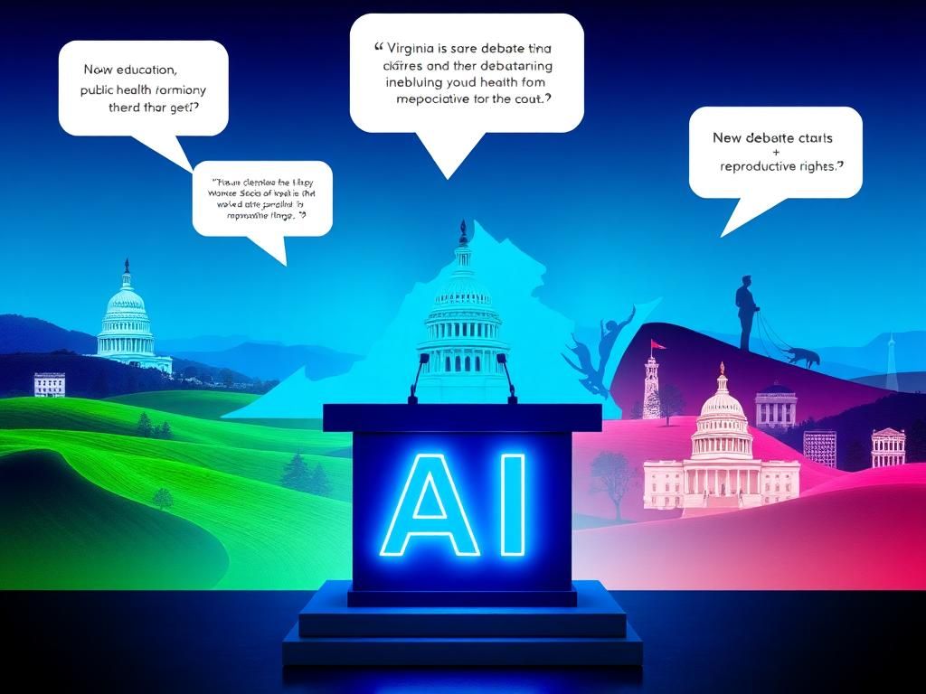 Flick International Digital collage symbolizing a mock debate featuring a stylized podium and AI representation