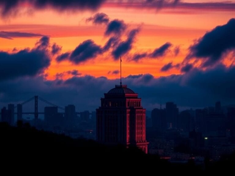 Flick International Cityscape of San Francisco at dusk featuring the Golden Gate Bridge and a government building