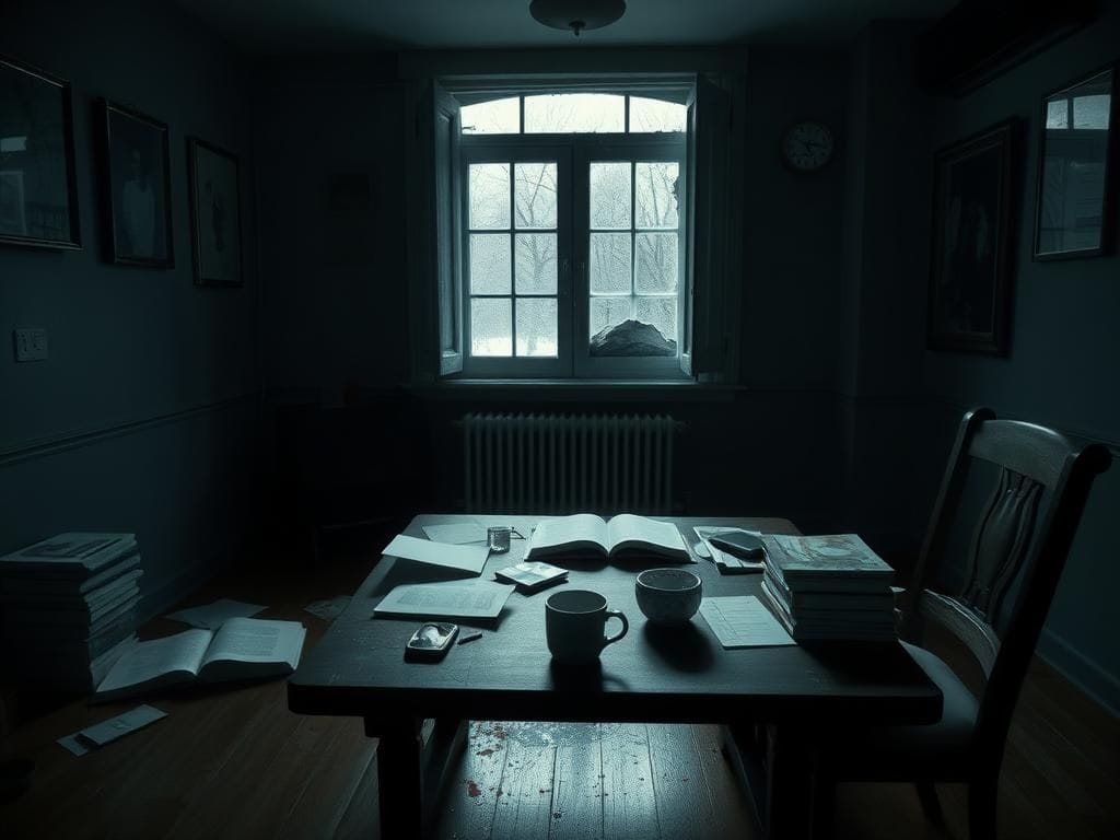 Flick International A dimly lit room of a college house reflecting a recent tragedy with remnants of student life.