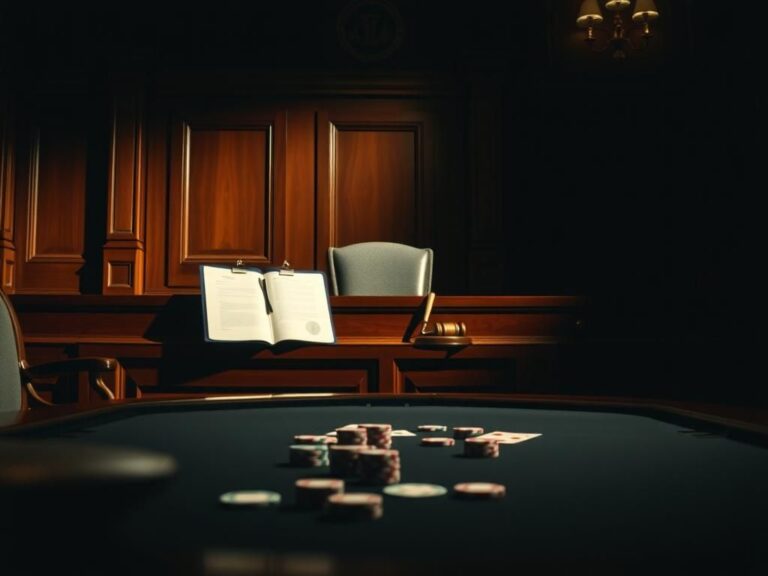 Flick International Dimly lit courtroom with poker table and legal documents