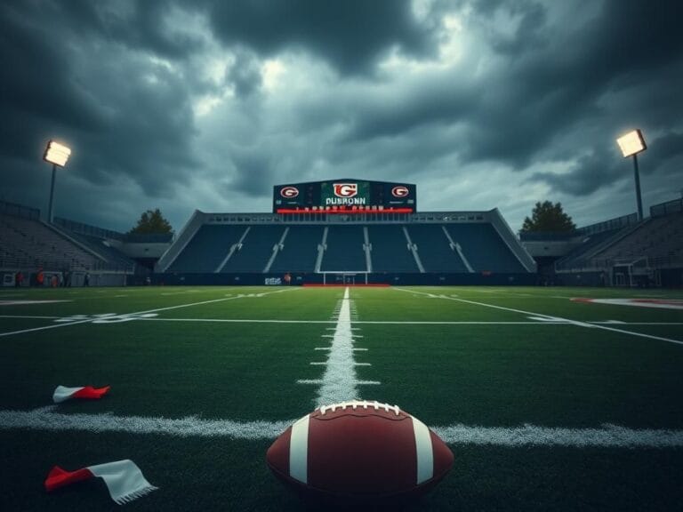 Flick International A dramatic scene of a college football stadium with a focus on a football field and a red and white football