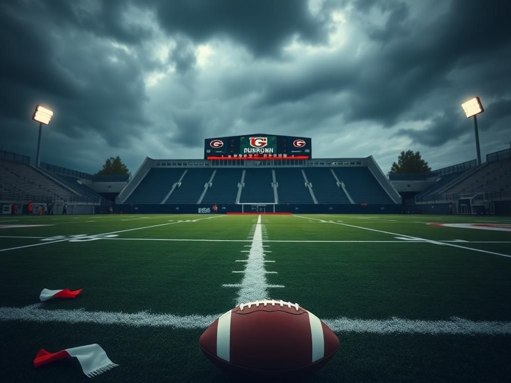 Flick International A dramatic scene of a college football stadium with a focus on a football field and a red and white football