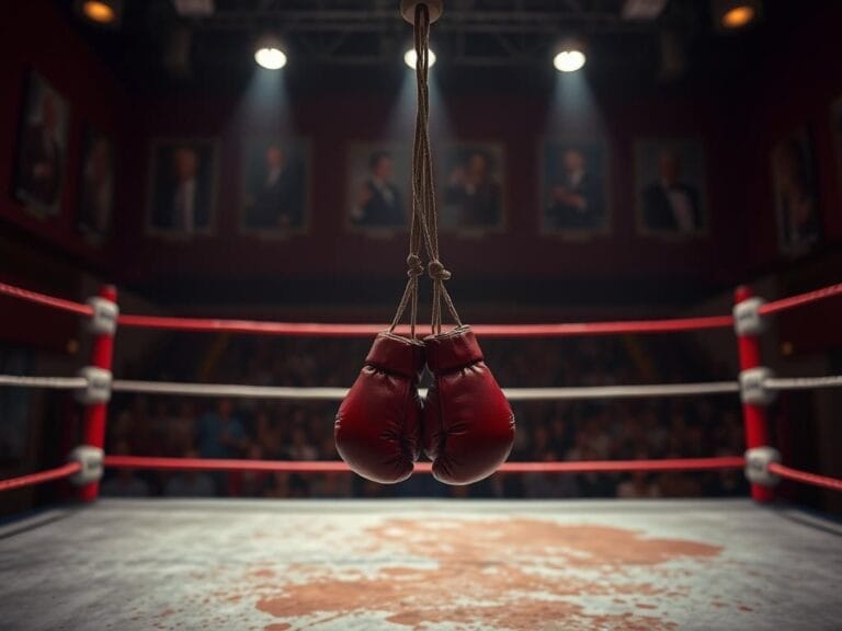Flick International Boxing gloves hanging on ropes in a dimly lit arena symbolizing the conclusion of an intense match.