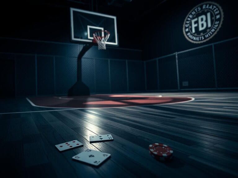 Flick International dimly lit basketball court with playing cards and poker chip symbolizing gambling stakes