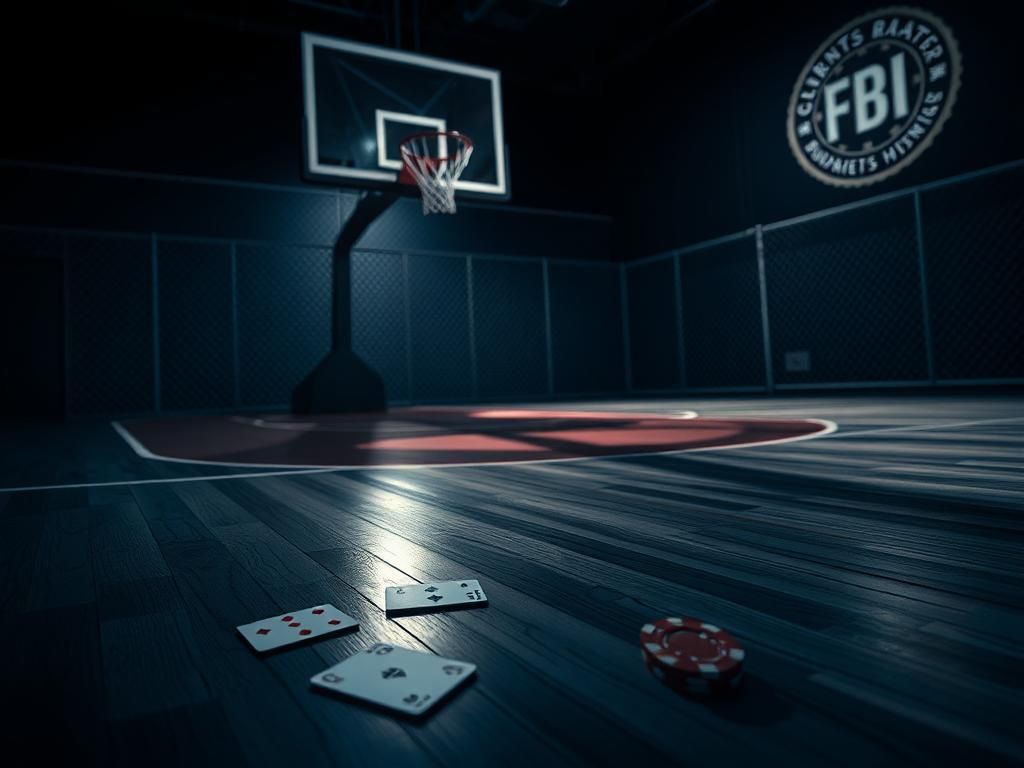 Flick International dimly lit basketball court with playing cards and poker chip symbolizing gambling stakes
