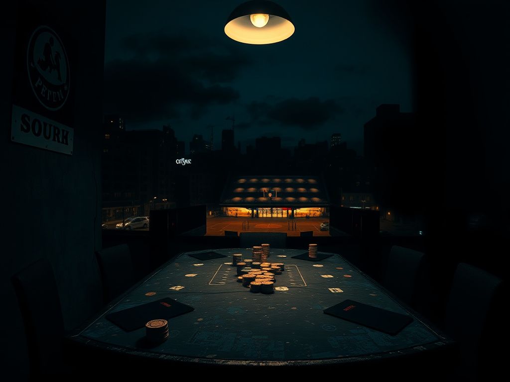 Flick International Dark urban landscape at night with a poker table and basketball arena lights