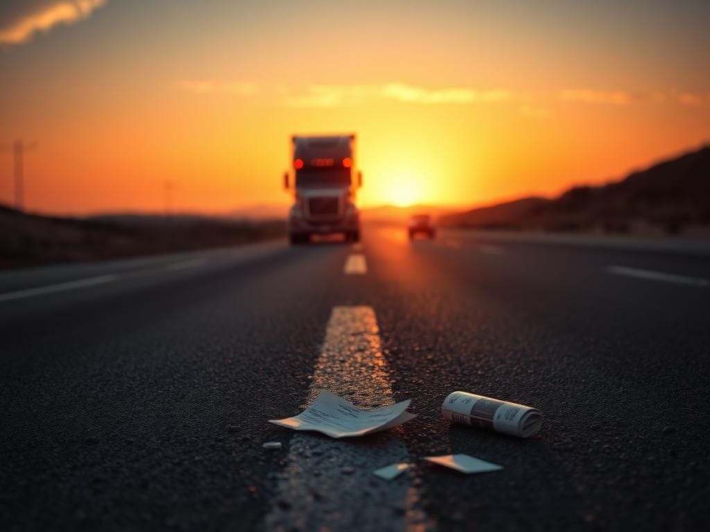 Flick International Semi-truck on a highway shoulder with flashing hazard lights at sunset, depicting the aftermath of a tragic crash.