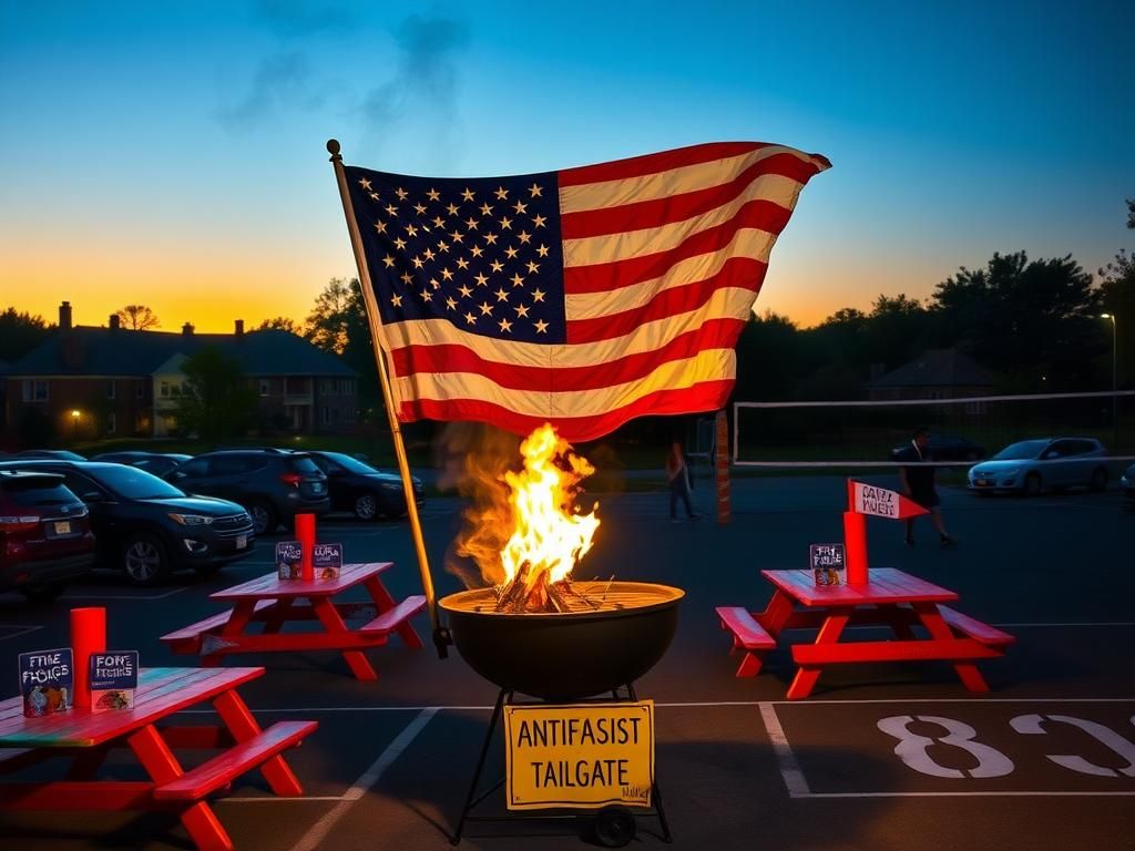 Flick International University of Virginia students protesting with a partially burned American flag on a grill during an antifascist event