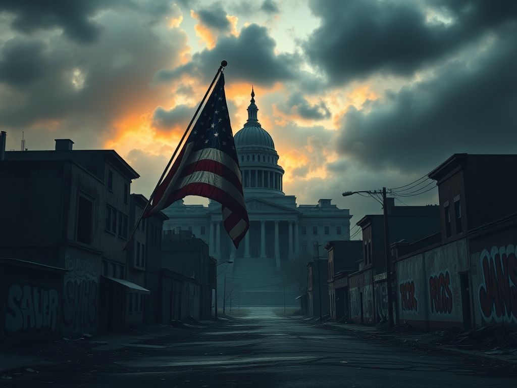Flick International Desolate urban landscape with abandoned streets and a faded American flag representing democracy under strain