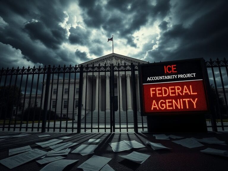 Flick International Dramatic courthouse scene with stormy sky and iron gate symbolizing law and justice