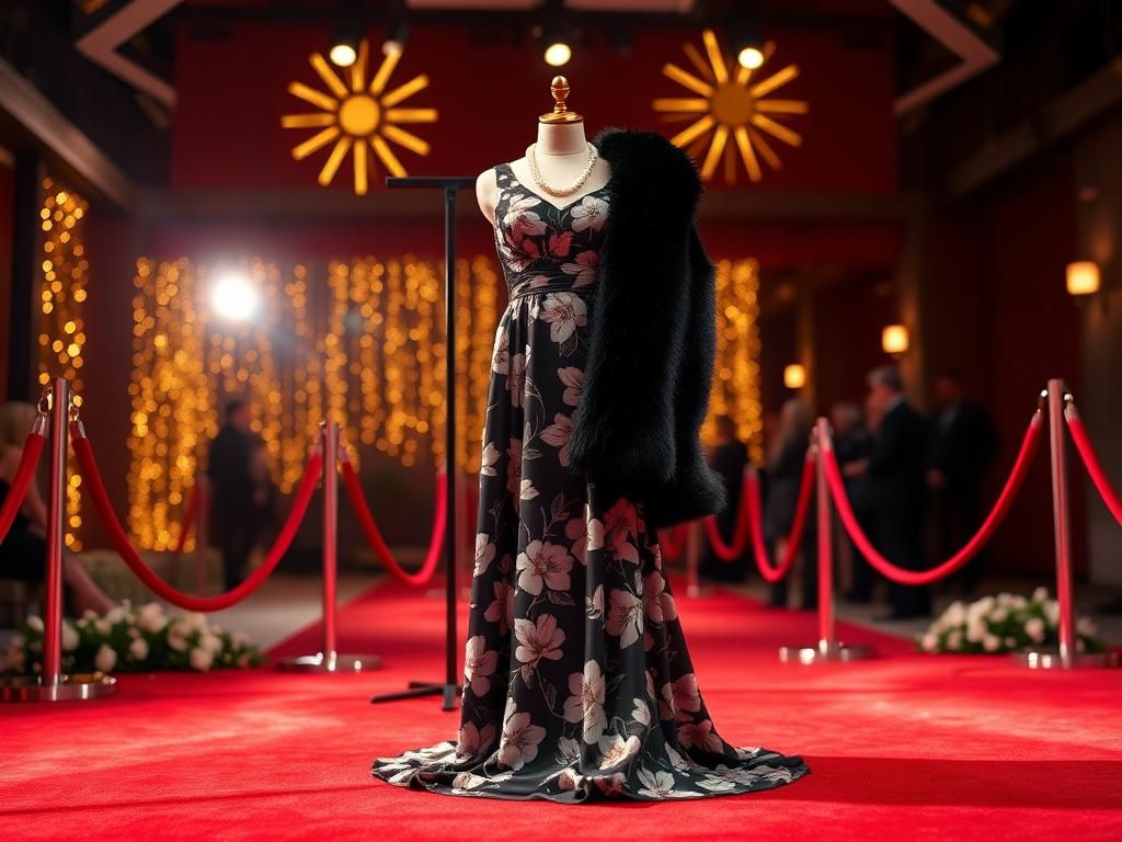 Flick International Elegant black-and-white floral-patterned dress with faux-fur wrap displayed on red carpet at awards show