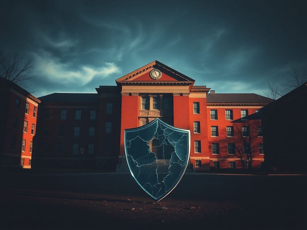 Flick International Dimly lit representation of a university building symbolizing academia and tradition with a shattered glass shield in the foreground.