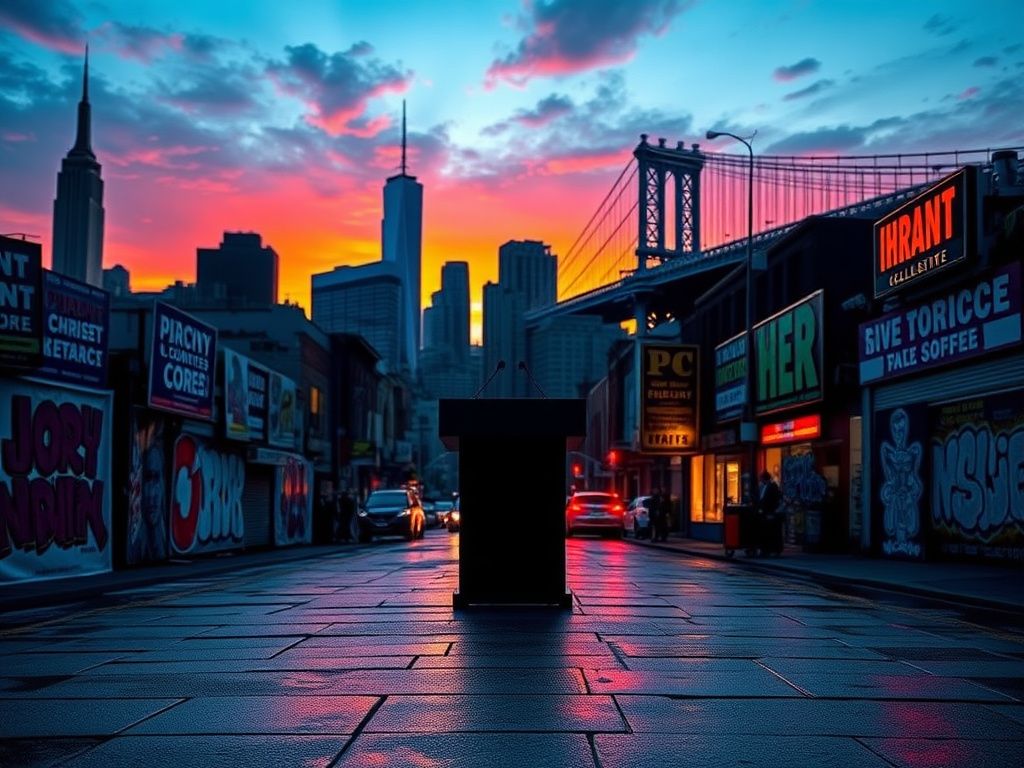 Flick International A dynamic urban scene in New York City showcasing political tension with an empty campaign podium and vibrant campaign posters.