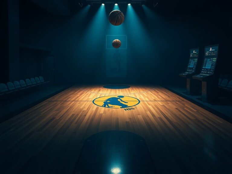 Flick International A dimly lit basketball court showcasing iconic team logos and a silhouette of a basketball in mid-air.