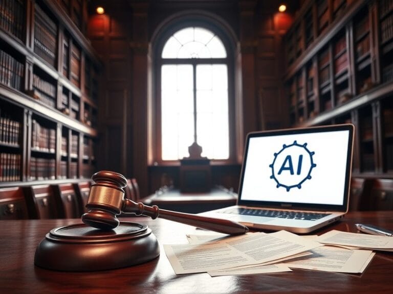 Flick International A solemn courtroom scene featuring a wooden gavel on a polished mahogany bench, emphasizing justice amidst AI technology.