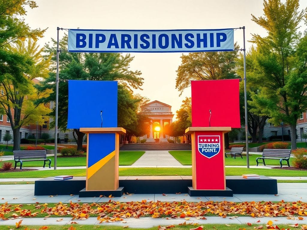 Flick International Outdoor debate setup at UT-Tyler with opposing podiums and a bipartisanship banner
