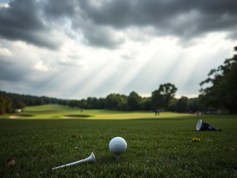 Flick International A serene golf course at Bethpage Black with a golf tee and ball, symbolizing the tension of competition