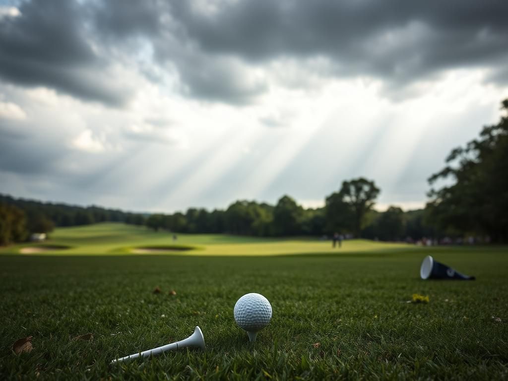Flick International A serene golf course at Bethpage Black with a golf tee and ball, symbolizing the tension of competition
