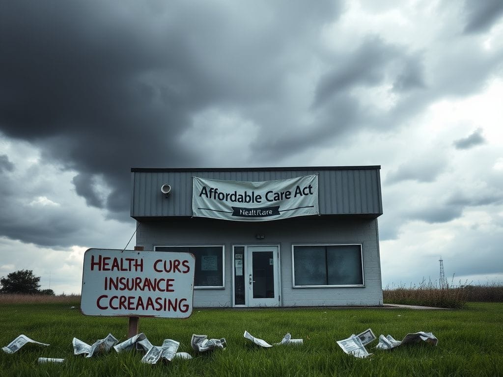 Flick International Stormy sky over a dilapidated healthcare office building with a faded Affordable Care Act banner