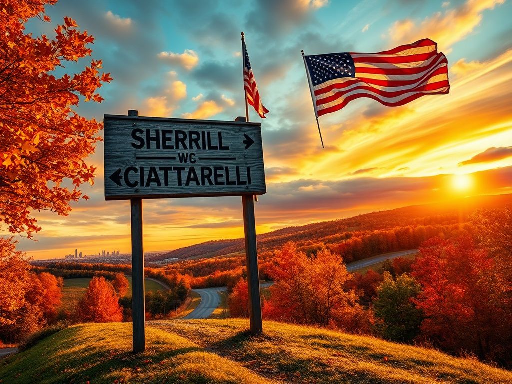 Flick International Vibrant New Jersey landscape with colorful autumn leaves and a weathered wooden sign pointing to Sherrill and Ciattarelli