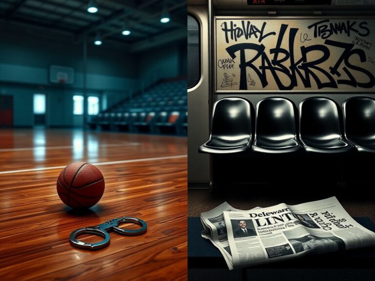 Flick International Abstract representation of an NBA basketball court with handcuffs symbolizing illegal gambling and the arrest of a coach.