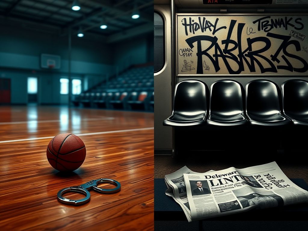 Flick International Abstract representation of an NBA basketball court with handcuffs symbolizing illegal gambling and the arrest of a coach.